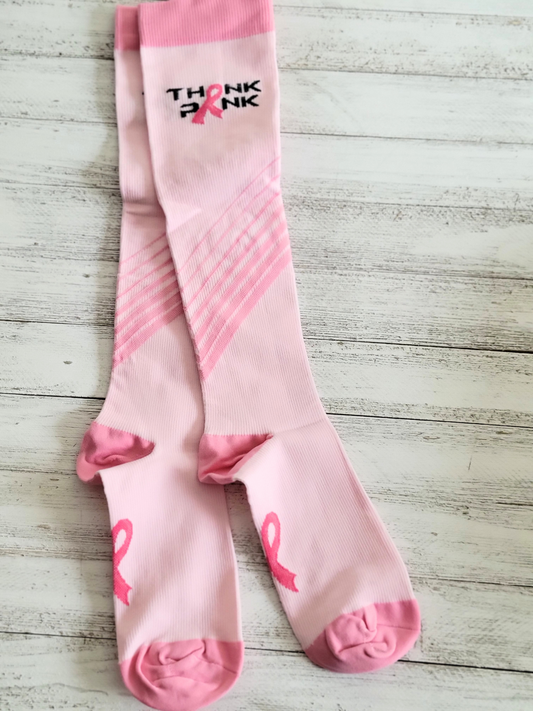 White and Pink Breast Cancer Ribbon Compression Socks