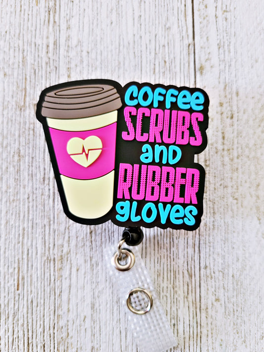Cup of Coffee Scrubs & Rubber Gloves Pink Powder Blue Retractable ID Badge Reel