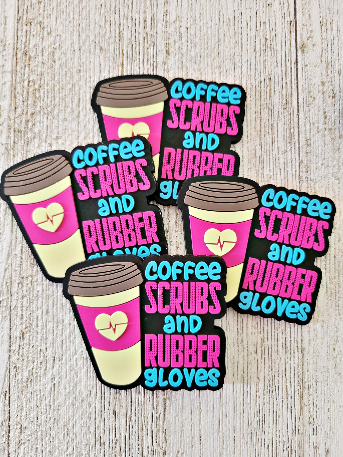 Cup of Coffee Scrubs & Rubber Gloves Pink Powder Blue Retractable ID Badge Reel