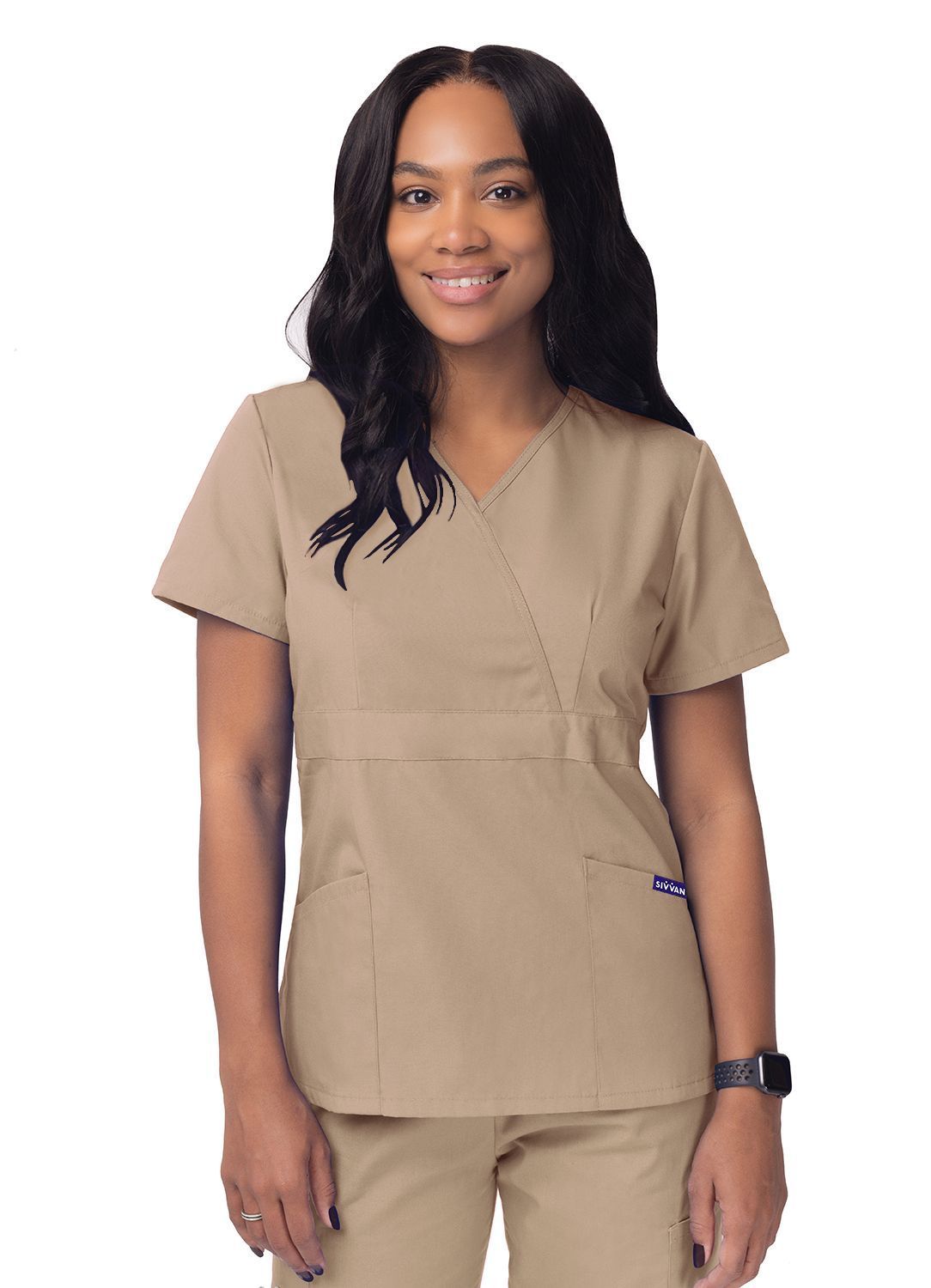 Adar Women's Mock Wrap Top/Cargo Pant Scrub Set Khaki